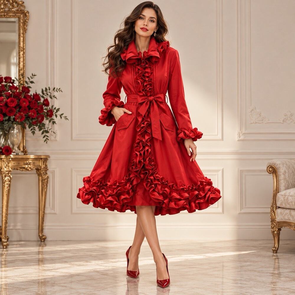 Samuel Dong Red Ruffle Trench Coat Dress M Fit Flare Romantic Statement Jacket